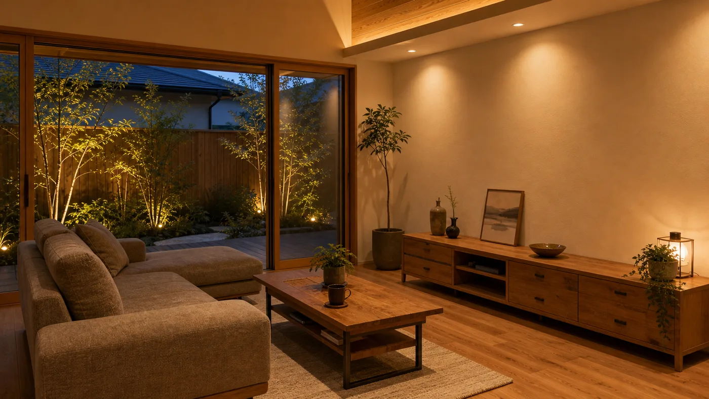 木の棚と木の床がある部屋に置かれた落ち着いた色合いの布張りソファ