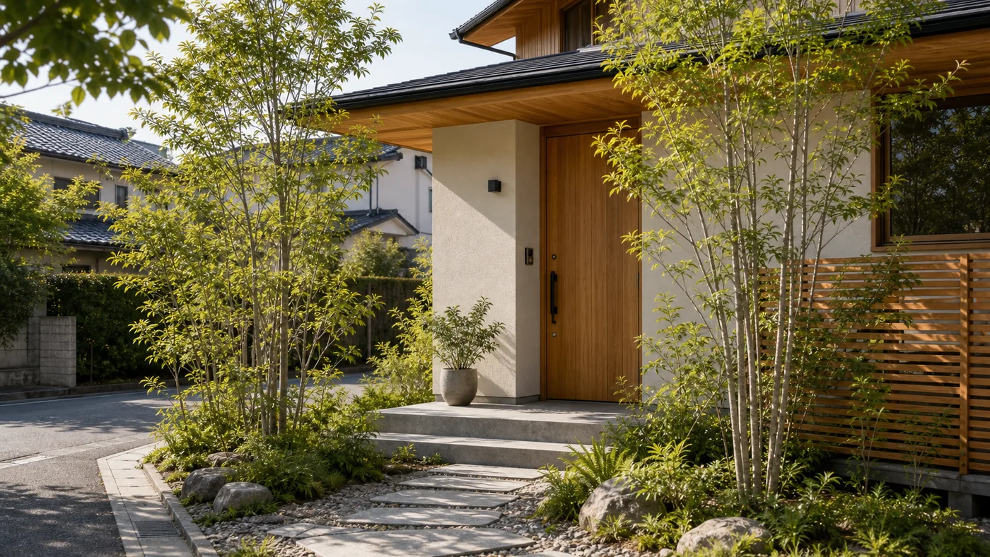 完成した木の外観の戸建て住宅の玄関まわり。自然光が差し込む落ち着いた住環境と植栽